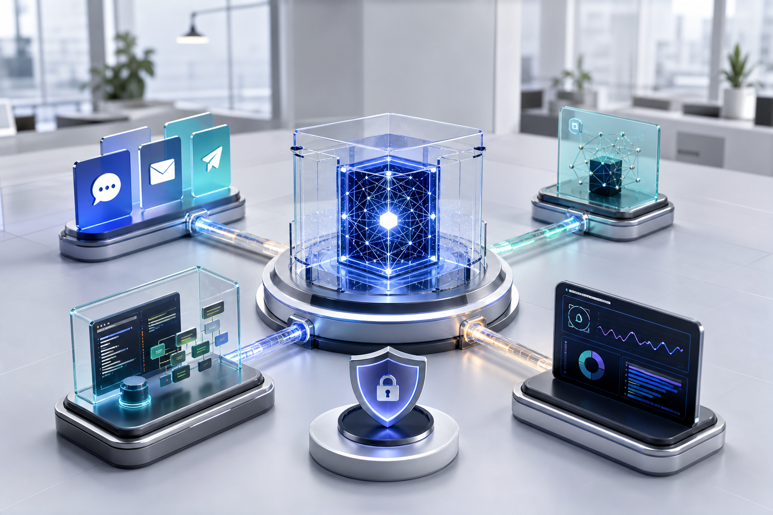 A protected AI gateway connecting messaging channels, an isolated tool workspace, model access and operations monitoring