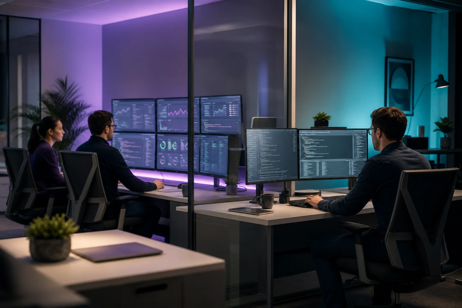 An operations team monitoring a managed service beside an engineer controlling a self-managed VPS