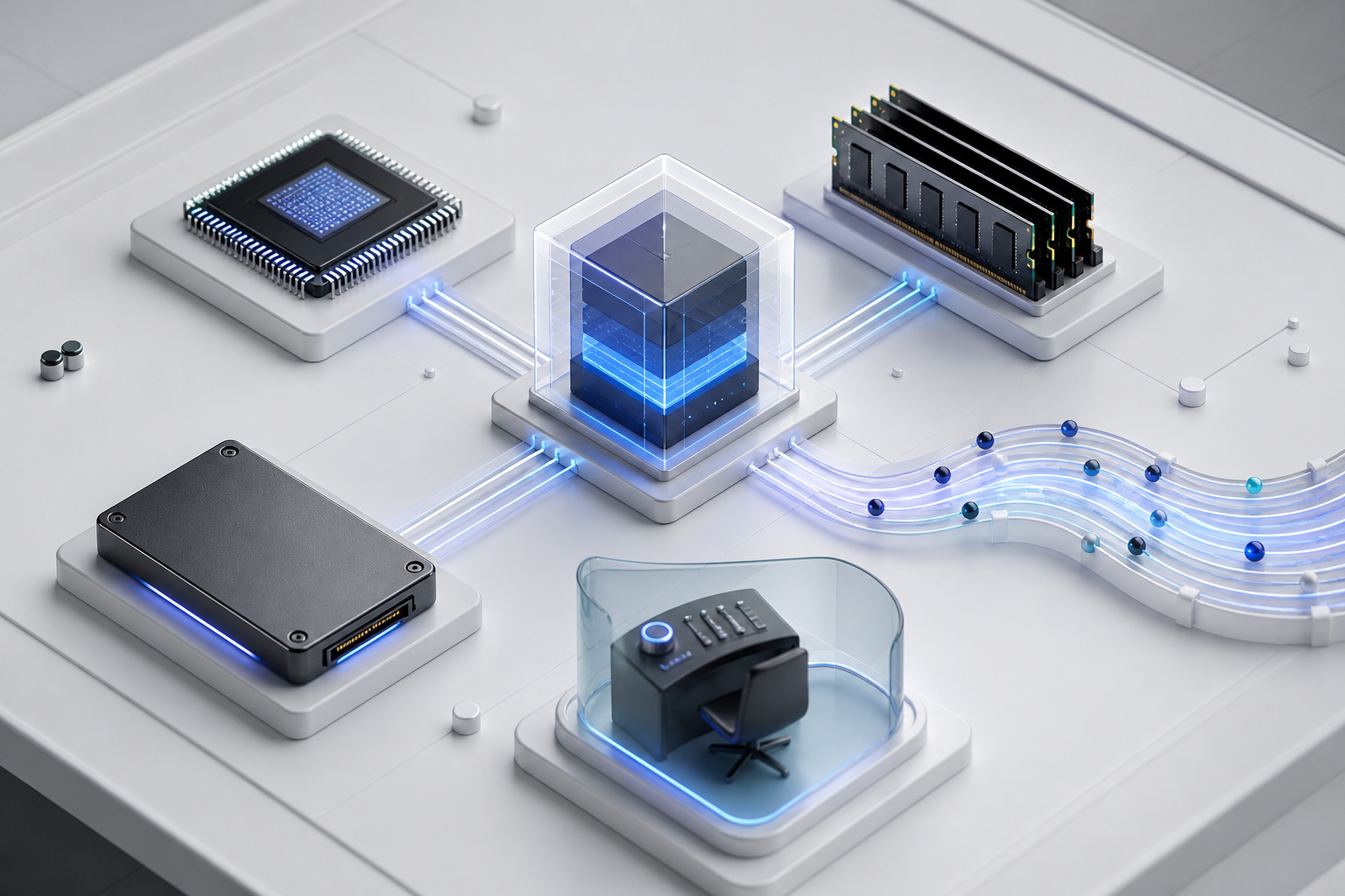 A virtual machine connected to processor, memory, storage, network and managed operations components